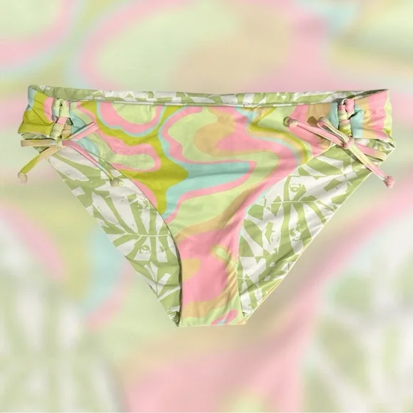Roxy Reversible Tie-Side Bikini Bottoms Green Pink Tropical Surf Style L NWT - Picture 3 of 9
